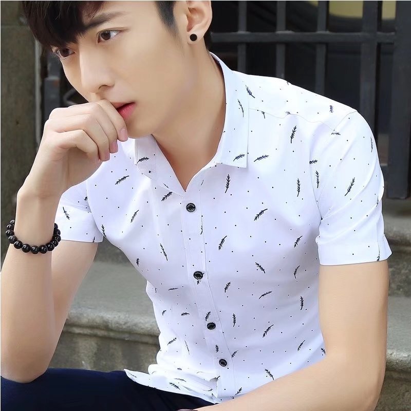 2025 Summer Men's Square Collar Short-sleeved Shirt Men's Cotton Breathable Shirt Casual Printed Feather Simple Trendy Men's Style