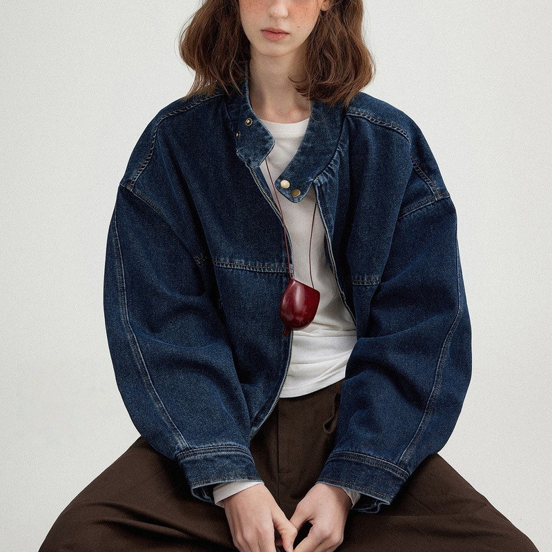 Letma'Cleanfit' Retro 80S Denim Washed Denim Stand Collar Small Version Denim Jacket