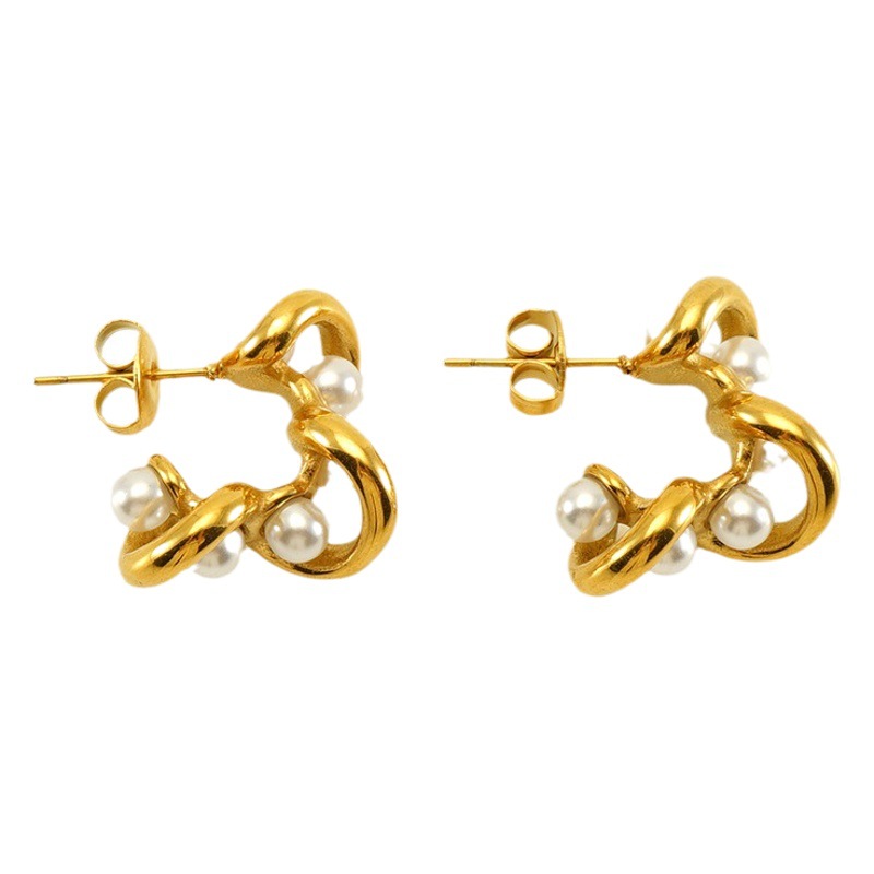 Pendientes de Perlas de Acero Inoxidable Estilo Europeo y Americano para Mujer, Pendientes de Acero de Titanio con Oro de 18k, Joyería de Lujo Ligero y Alta Gama