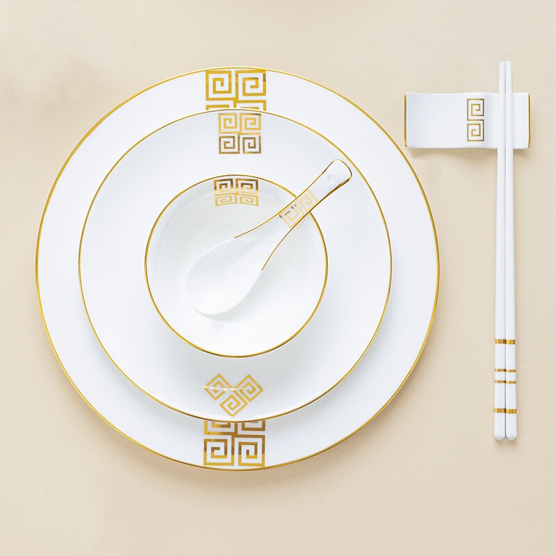 High-End Gold-Rimmed Bone China Tableware Set for Star-Rated Hotels, Eight-Piece Set of Bowls and Plates for Club Private Rooms and Business Receptions