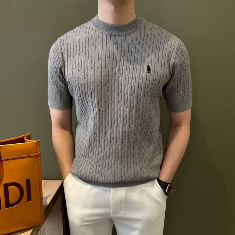 Prendas de punto de manga corta torta para hombre, negocios británicos, delgado, color sólido, cuello redondo, camisa de fondo, seda de hielo, comercio exterior de verano, venta al por mayor transfronteriza
