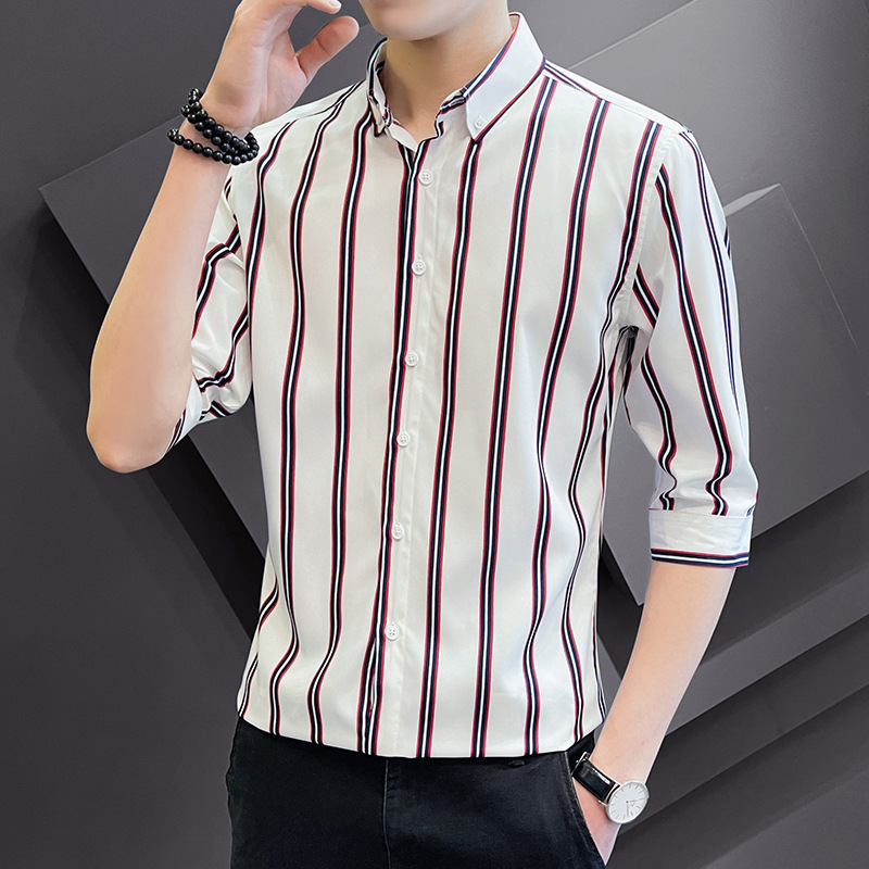 Summer New Shirt Men's Seven-point Sleeve Korean Style Youth Trendy Casual Handsome Striped Non-ironing All-match Shirt Trendy