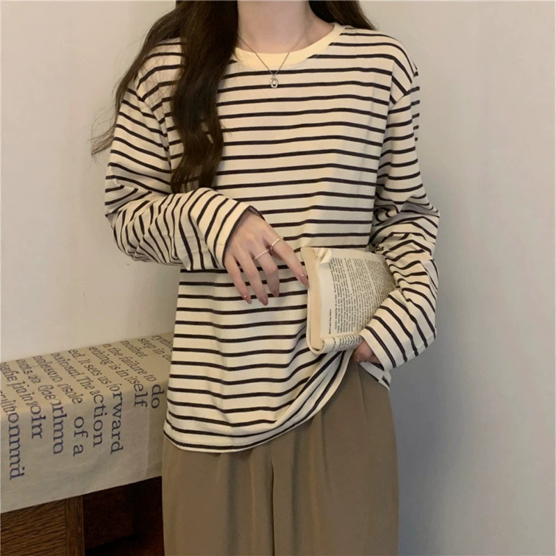 Autumn and Winter new round neck long-sleeved T-shirt women's loose slimming versatile striped bottoming shirt casual inner fashion top Autumn and Winter new round neck long-sleeved T-shirt women's loose slimming versatile striped bottoming shirt casual inner fashion top