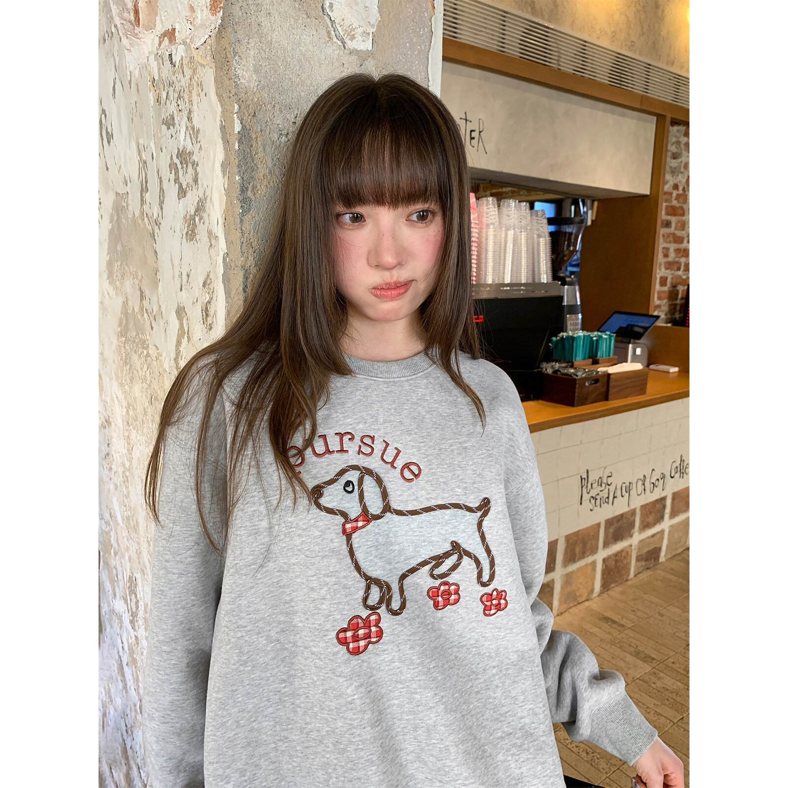 可爱刺绣小狗加绒卫衣女春季2026新款宽松显瘦设计上衣