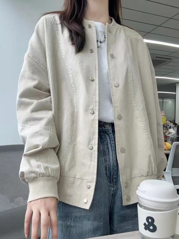Early Autumn Corduroy Splicing Baseball Jacket for Women, American Retro Design, Loose Casual Jacket Top Early Autumn Corduroy Splicing Baseball Jacket for Women, American Retro Design, Loose Casual Jacket Top