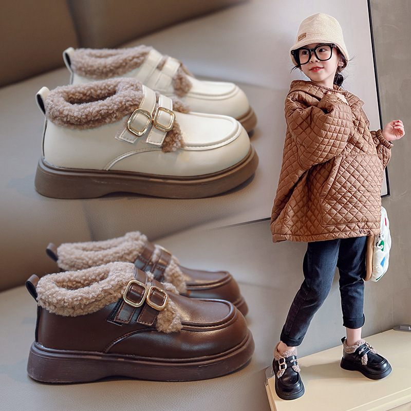 Children's Cotton Slippers with Fleece, British Princess Style, 2023 Autumn/Winter New Arrival, Warm and Thick, Soft Sole, Little Girl's "Doudou" Shoes