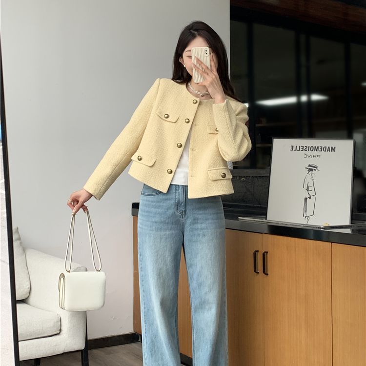 法式名媛甜美小清新修身显瘦chic黄色小香风短款外套女高级感小众|undefined
