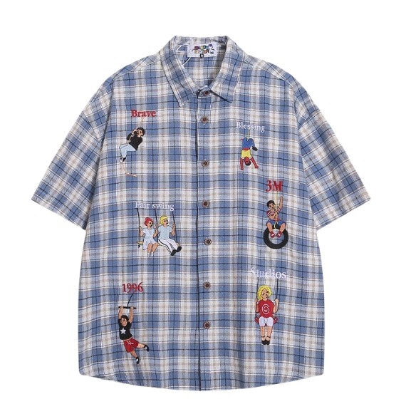 American Style Retro Plaid Short-sleeved Shirt Men's Summer Thin Loose Embroidered Shirt Design Sense Plaid Couple Half-sleeved Shirt