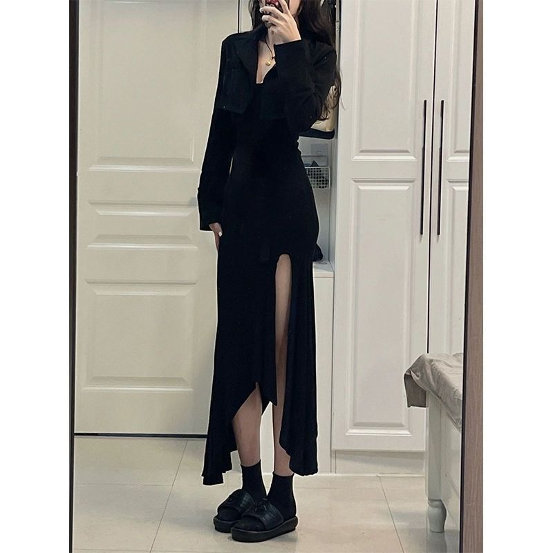 Light and Mature Style Slit Irregular Fishtail Long Skirt Niche Short Suit Jacket Female Hot Girl Suspender Dress