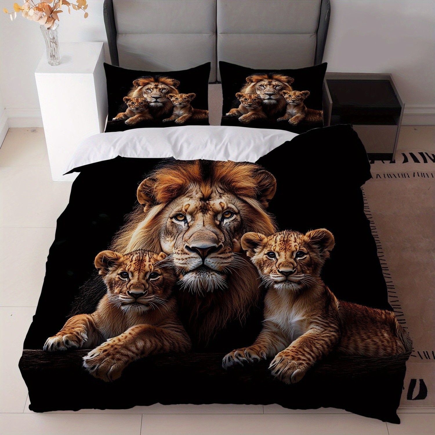 TEMU / JIT abrasión digital impresión cama colcha de cama pro-piel kit textil casero frío negro patrón de león fábrica fuente