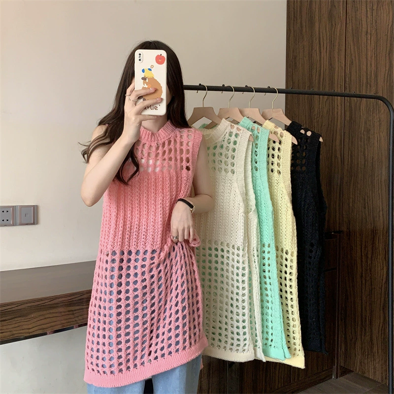 Корейский дизайн, вязаное сетчатое платье с вырезами для женщин, многослойное платье-жилет с атмосферным жилетом, весенне-летнее платье-жилет без рукавов