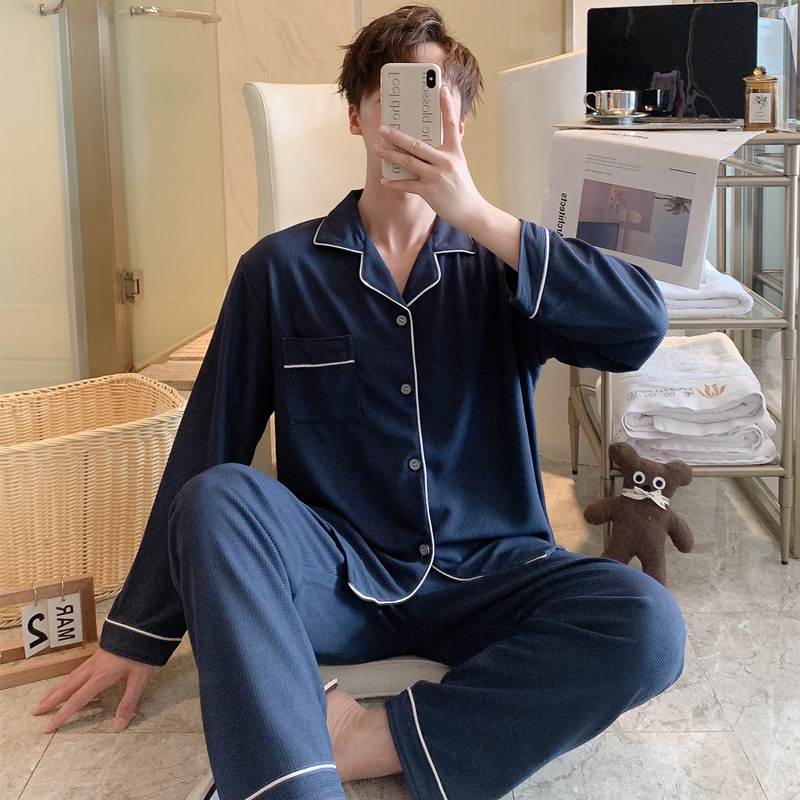 Pijama masculino primavera / otoño / invierno manga larga estilo coreano simple waffle juventud de mediana edad suelta hombre conjunto de ropa de hogar