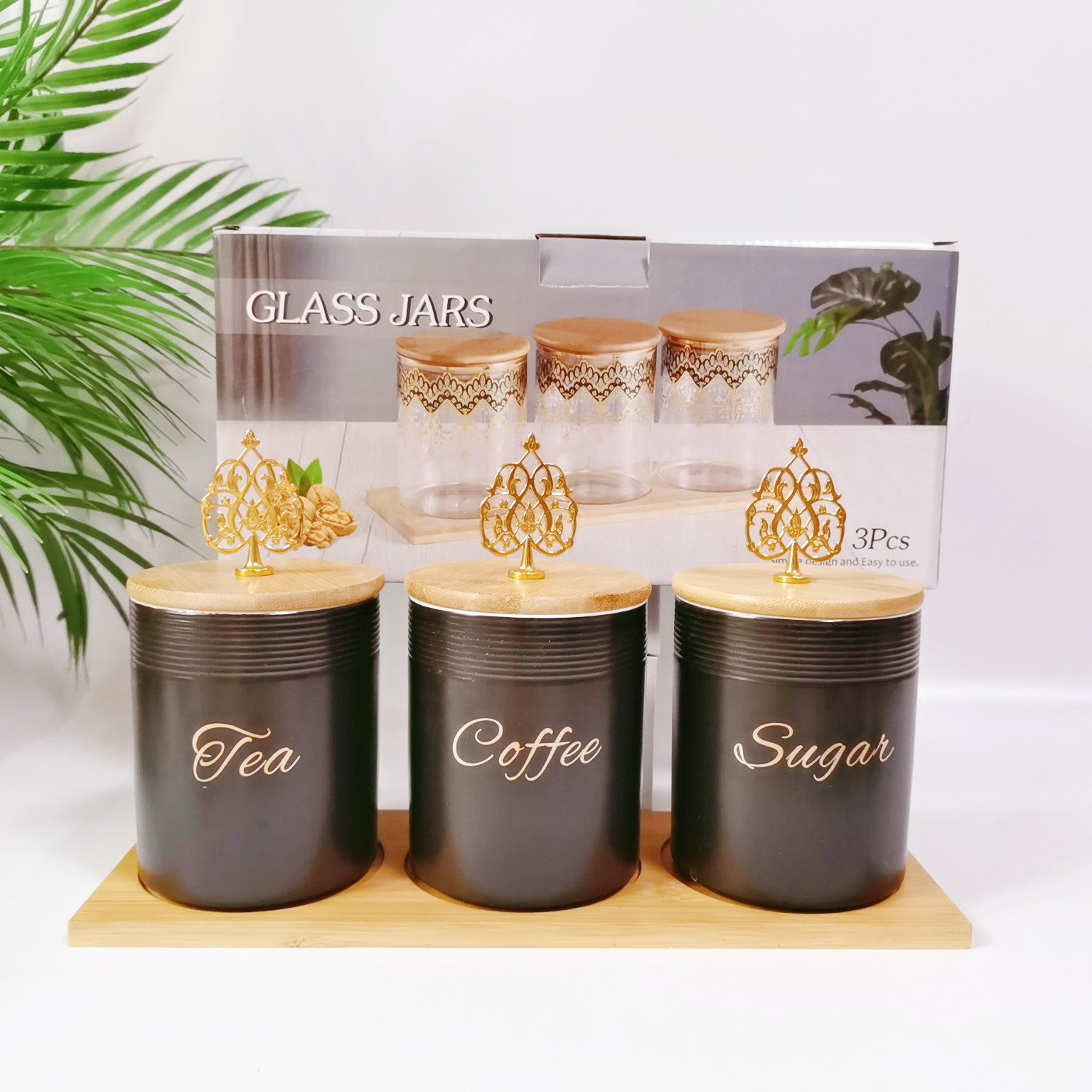 Comercio exterior transfronterizo Oriente Medio Exportar tarro sellado de cerámica con tapa de madera tarro de almacenamiento condimento de cocina tarro de té de café tarro