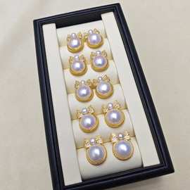 通体S925纯银蝴蝶结马贝耳钉 总尺寸13-16mm配强光天然淡水小珍珠