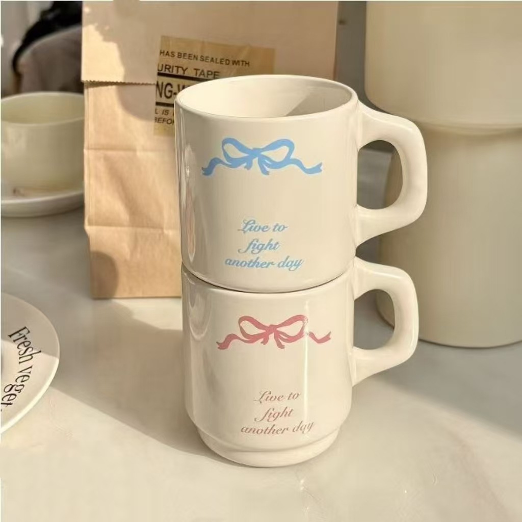 Creative Ins Han Feng Pink Bow Simple Ceramic Cup High Beauty Value Couple Breakfast Mug Coffee Cup