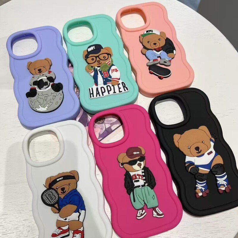 For Apple iPhone16e Color Wave Edge Cute Cartoon DIY Bear Animal 3D Jewelry Silicone Phone Case