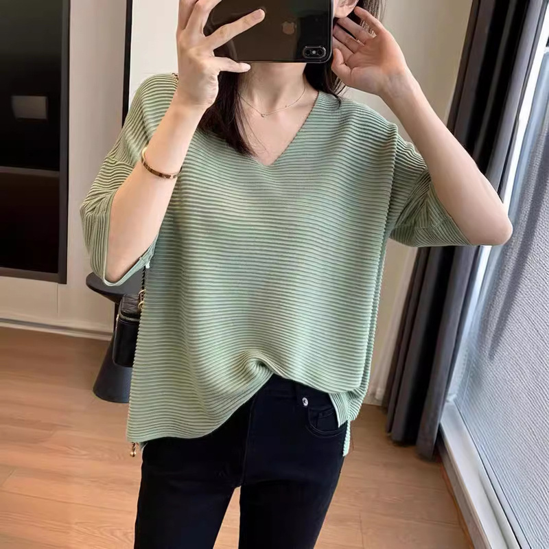 3000+ CabineT Goods V Neck Slimming Look Loose Lazy ShorT-sleeved PleaTed High ElasTiciTy WesTern STyle Silk Modal T-shirT Top