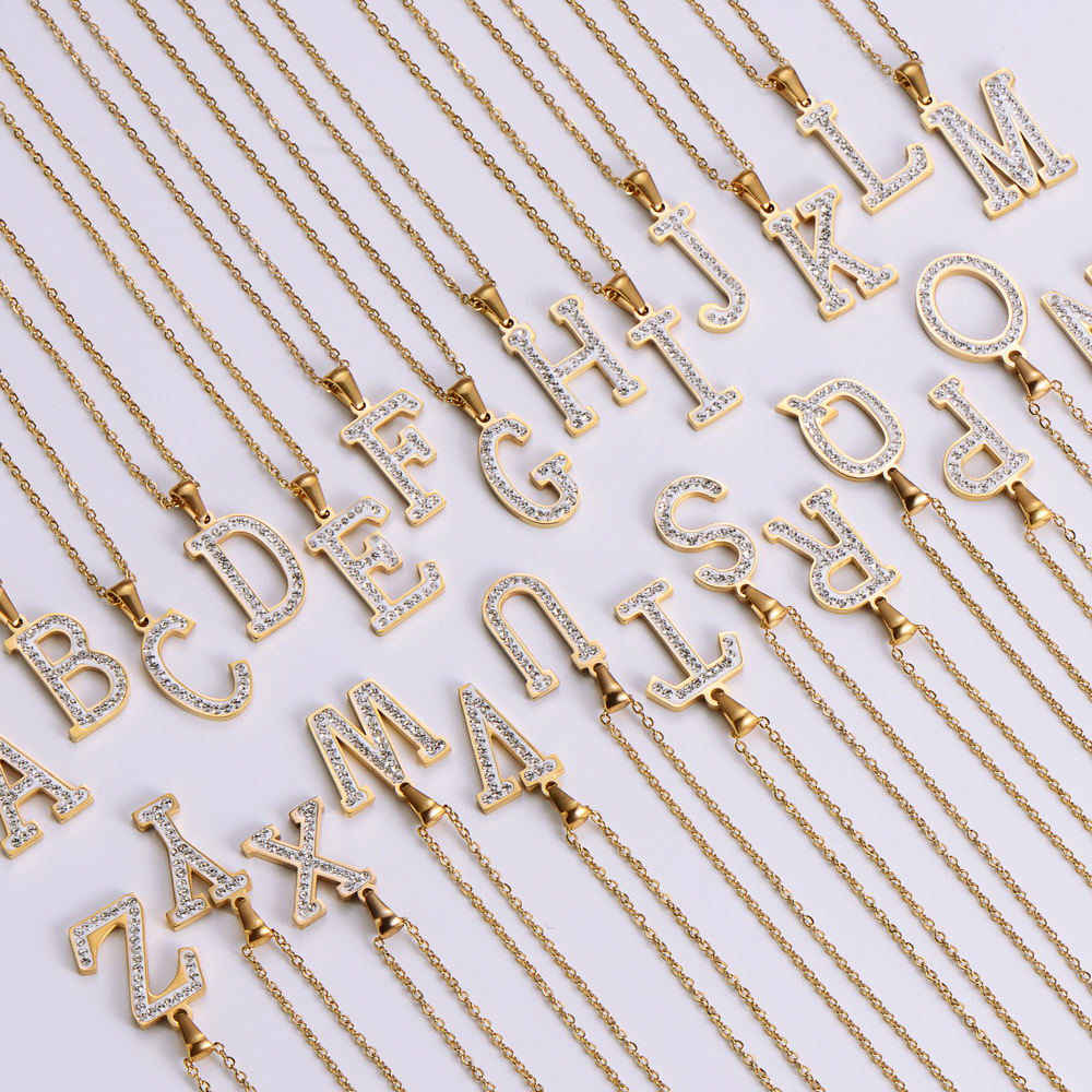 Fashion Jewelry Clavicle Hanging Chain Stainless Steel Electroplating 18k Gold Rhinestone 26 Letter 