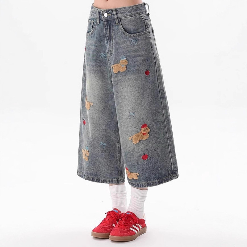 Dachshund Patch Embroidered Denim Cropped Pants for Men and Women Summer American Fashion Brand Loose Wide-Leg Knee-Length Shorts