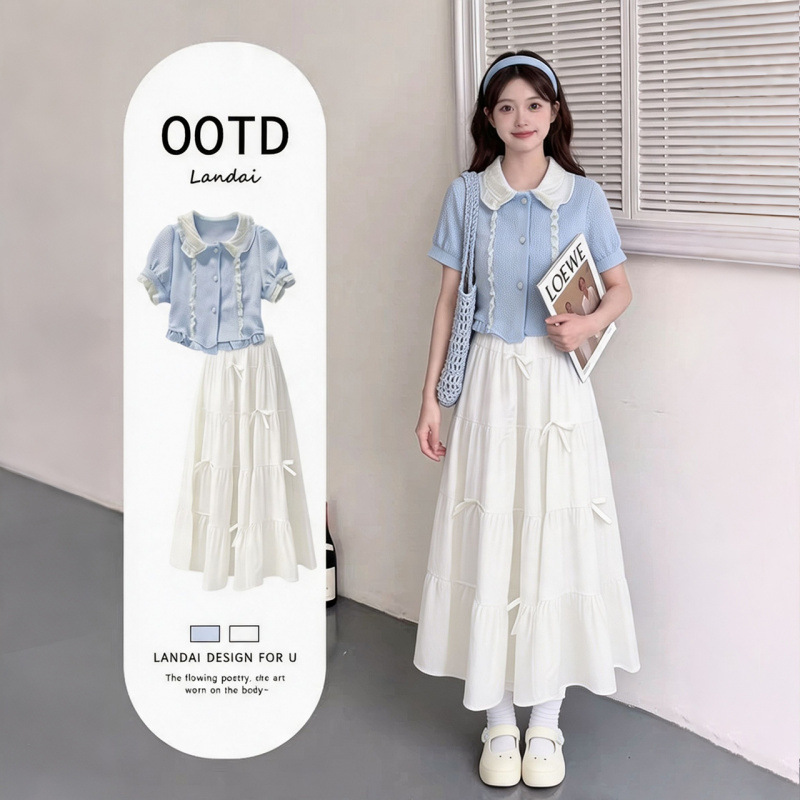 Girls' Set 2026 Summer New Arrival: Korean Style College Style Color Block Short-Sleeve T-Shirt and Skirt Set - Chic and Sweet