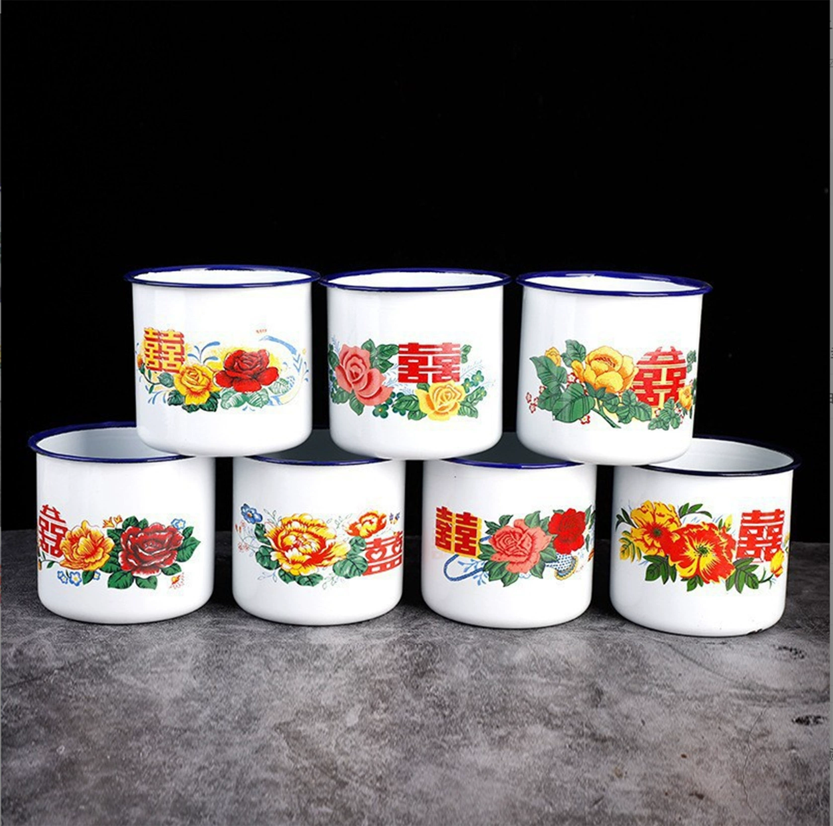 Flower Double Happiness Enamel Cup Nostalgic Classic Large Tea Tank with Lid Old Fashioned Tea Tank Old Cadre Large Capacity Water Cup