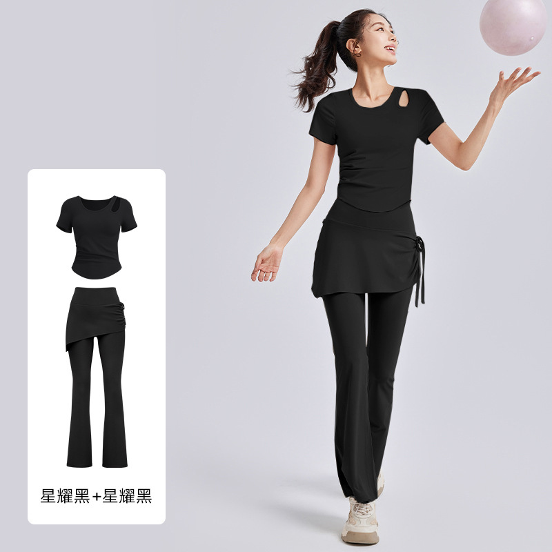 Juyitang Ropa de yoga hueca Camisa deportiva delgada de manga corta para mujer Traje de fitness de Pilates de entrenamiento para correr