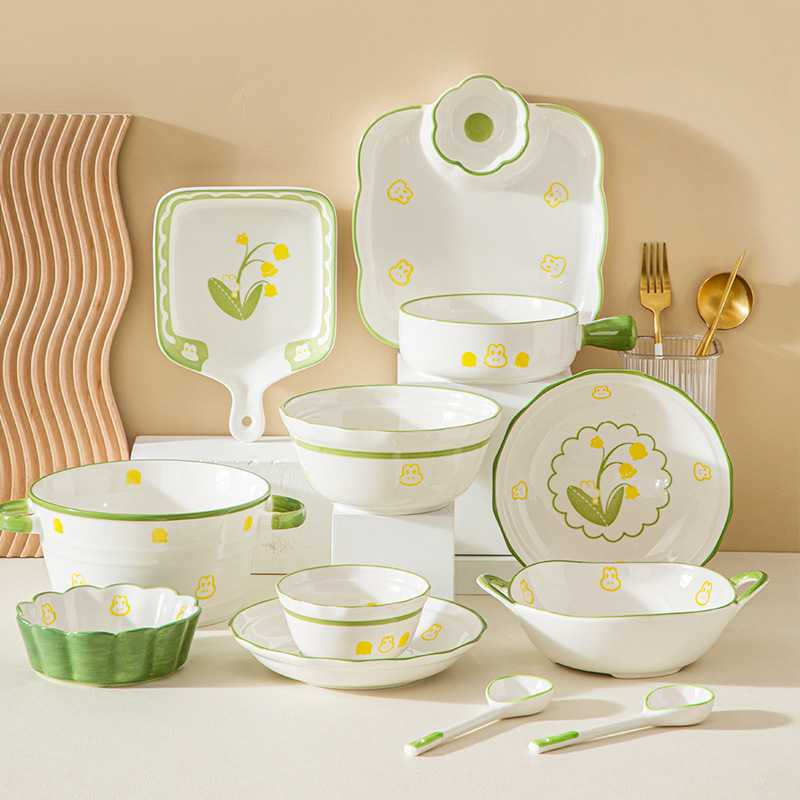Fresh Green Lily-Of-The-Valley Ceramic Bowl and Plate Set with Underglaze Color for Home Use, Rice Bowl, Large Soup Bowl, Dish Plate, Snack Plate