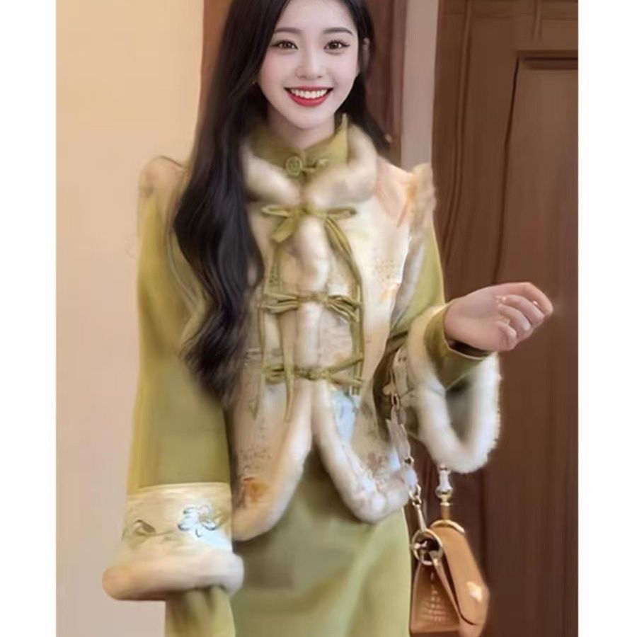 Fleece-Lined and Thickened New Chinese Style High-End Women's Winter Cheongsam Dress with Button-Up Vest Two-Piece Set
