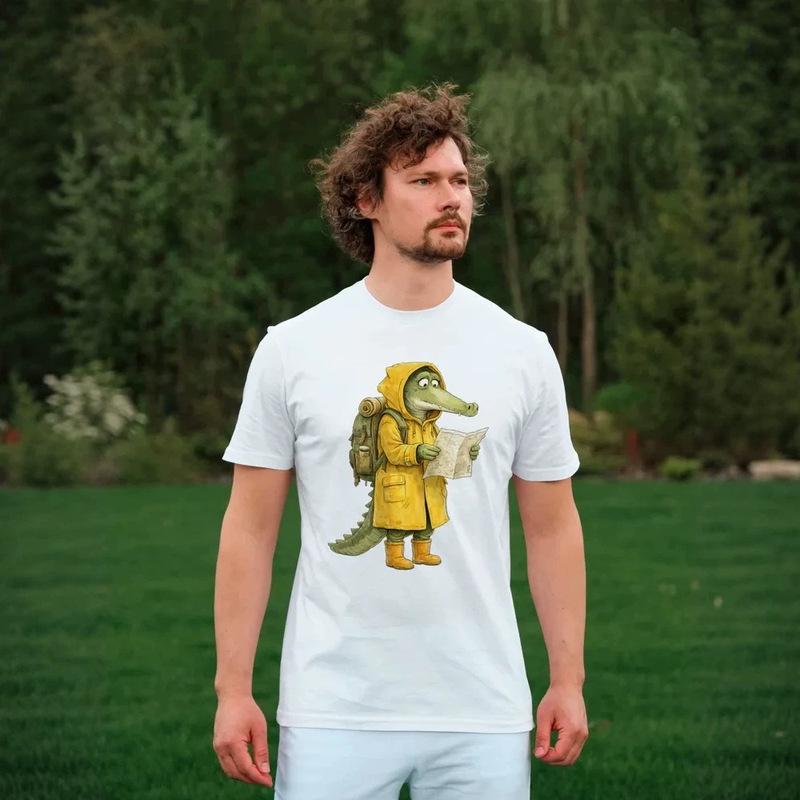 Cartoon Crocodile Print Casual T-Shirt Casual White Comfortable Loose Trendy Short-Sleeved Pure Cotton Round Neck Half-Sleeved Top