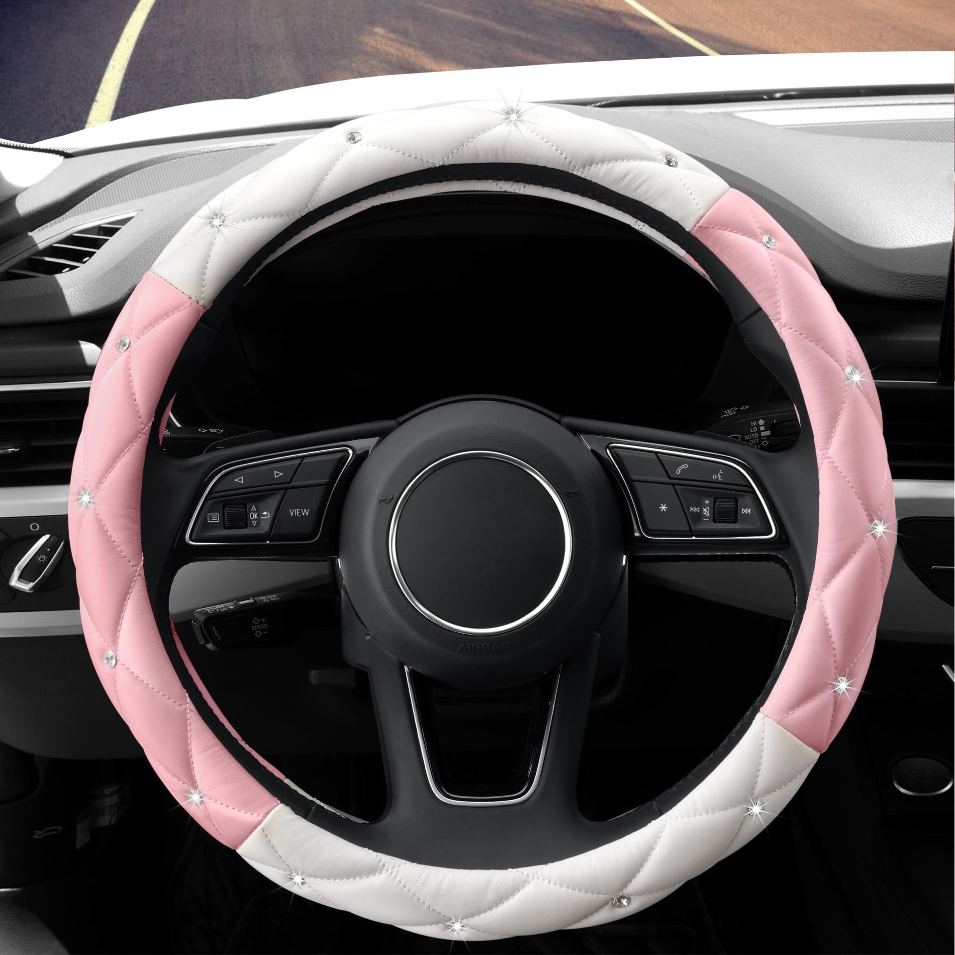 Factory Direct Sales Amazon Car Diamond-Studded Steering Wheel Cover, Universal for All Seasons, Soft Leather Anti-Slip Rhinestone Handle Cover