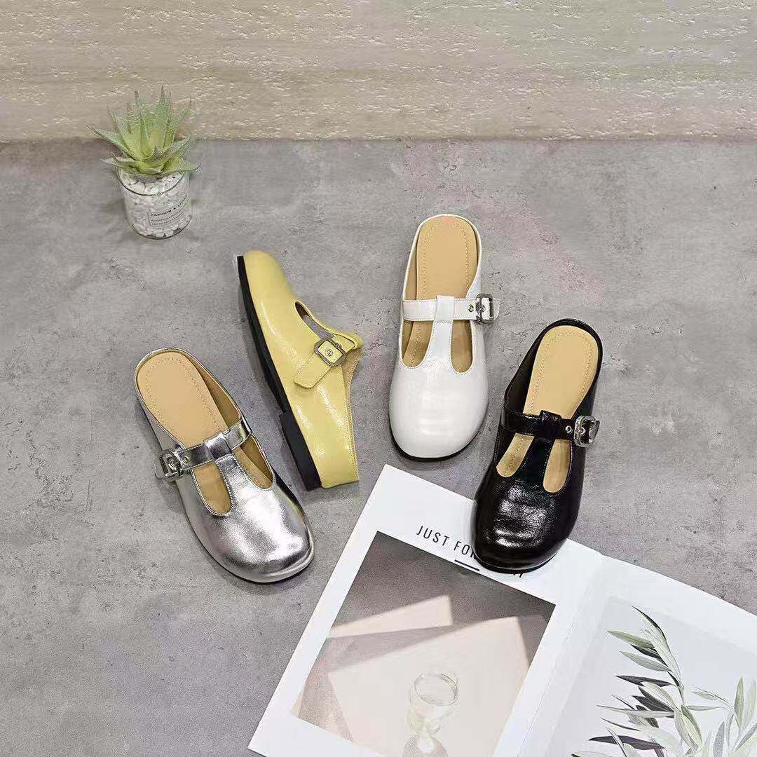 Dép sandal nữ da thật mũi nhọn đế bệt quai chữ V — màu đen chi tiết 9