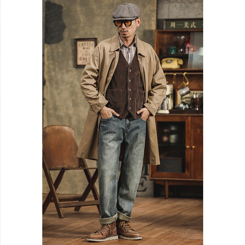일본 빈티지 옷깃 트렌치 코트 남자 중간 길이의 느슨한 코트 블랙 카키 코트 간단한 편안한 코듀로이