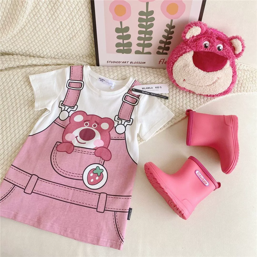 Мультяшная летняя милая футболка с коротким рукавом, T-shirt платье, юбка, западный стиль, с коротким рукавом