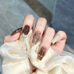 純手工穿戴甲片美拉德秋冬冰透蛋殼焦糖法式魔鏡粉美甲輕奢風短款