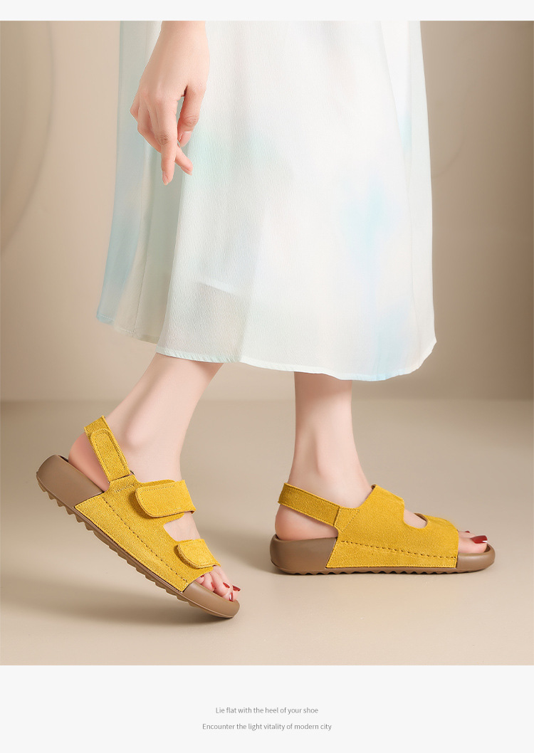 Dép Birkenstock nữ đế bằng quai chữ V dán Velcro, dép thời trang mùa hè đi biển — IL02 màu vàng chi tiết 22