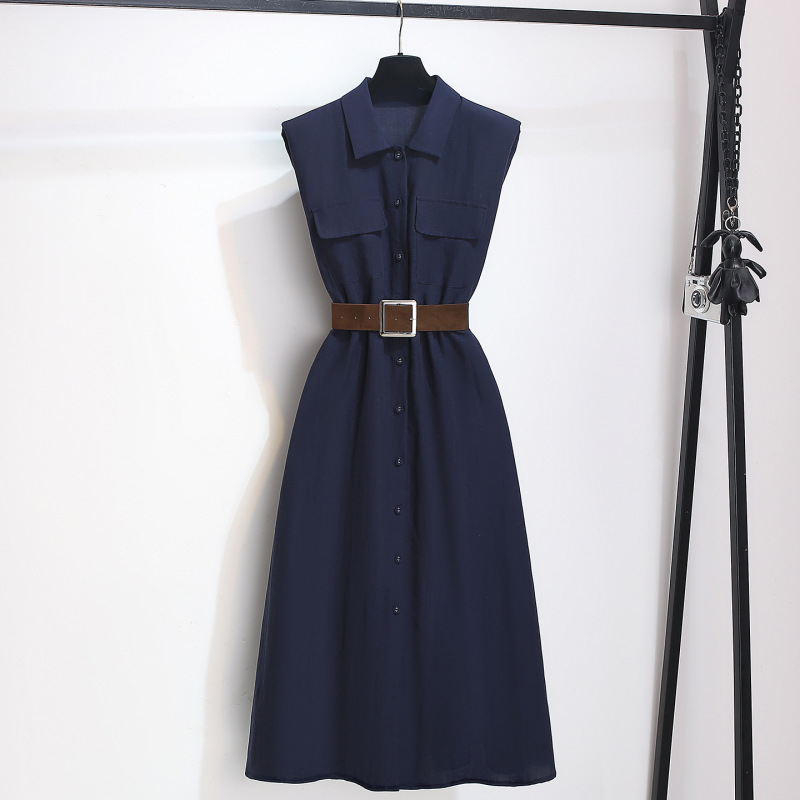 Navy Blue Linen Sleeveless Shirt Dress for Women 2026 Summer New Style Waist-Cinching Vest Workwear Long Dress to Ankle Length