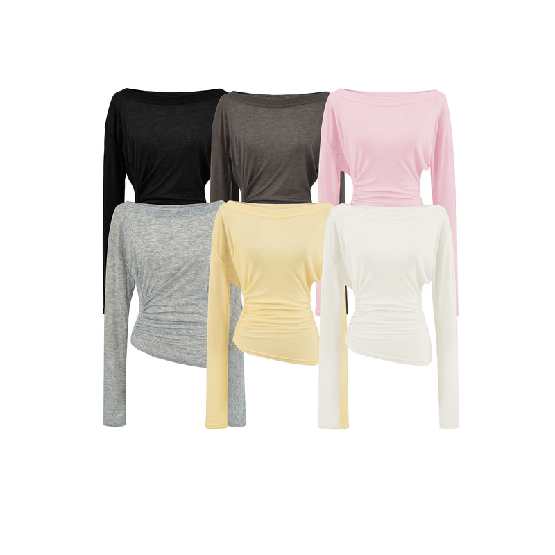Casual Waist-Cinching Asymmetrical Cut Long-Sleeve T-Shirt for Women, Summer Thin White Off-Shoulder Top
