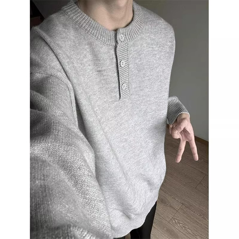 Grey Henry Collar Sweater Men's Autumn and Winter Trendy Brand Retro American Style Lazy Style cleanfit Base Sweater
