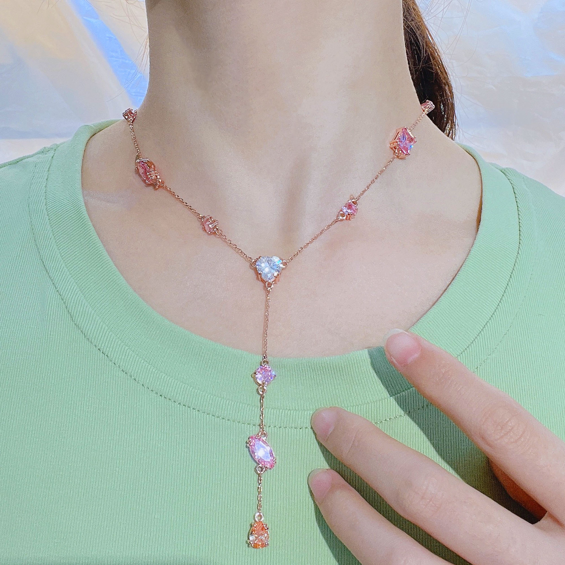 Lady Water Droplets Heart Shape Copper Inlay Artificial Gemstones Bracelets Necklace display picture 3