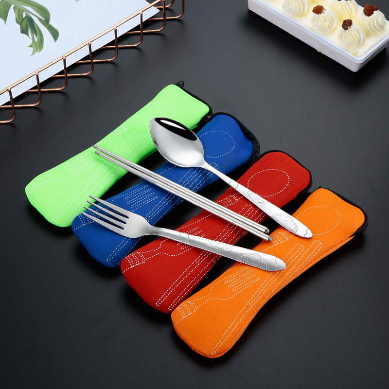 Fabric bag stainless steel tableware canteen pillow bag portable tableware set gift for students travel chopsticks spoon