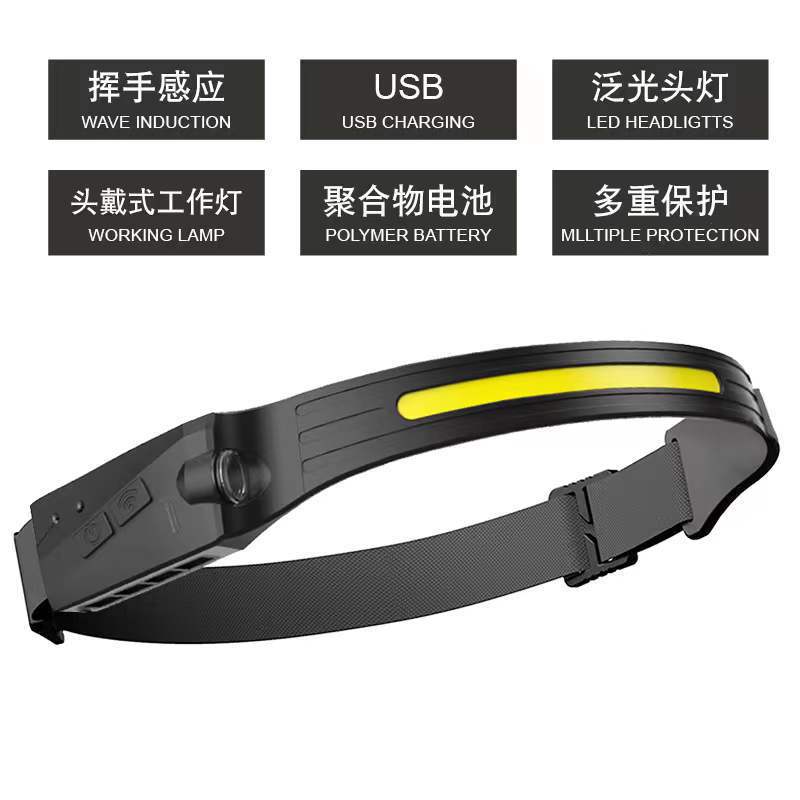 挥手感应cob硅胶头灯户外usb充电露营led头灯强光头戴式户外骑行