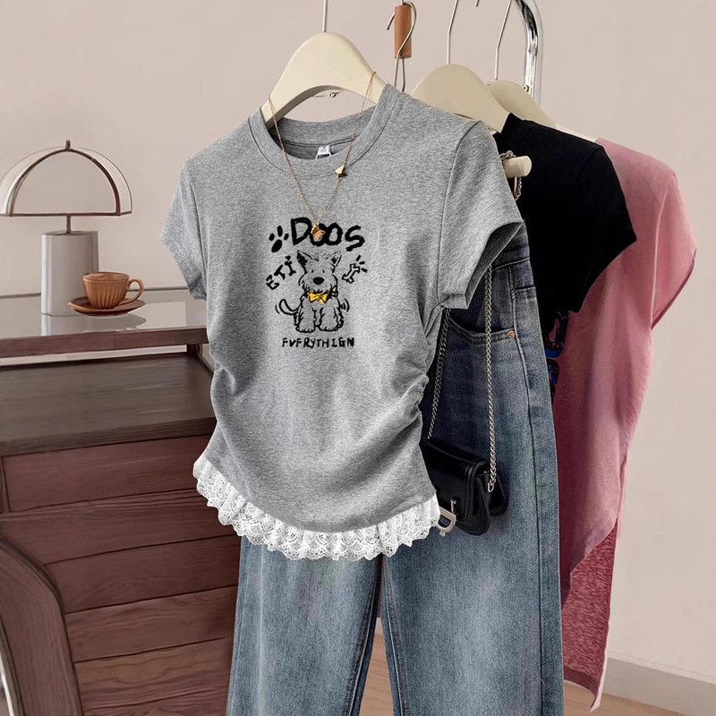 Shoulder Puppy Printed Short-sleeved T-shirt Women's 2025 Summer New Slim-fit Slimming Stylistics All-match Top
