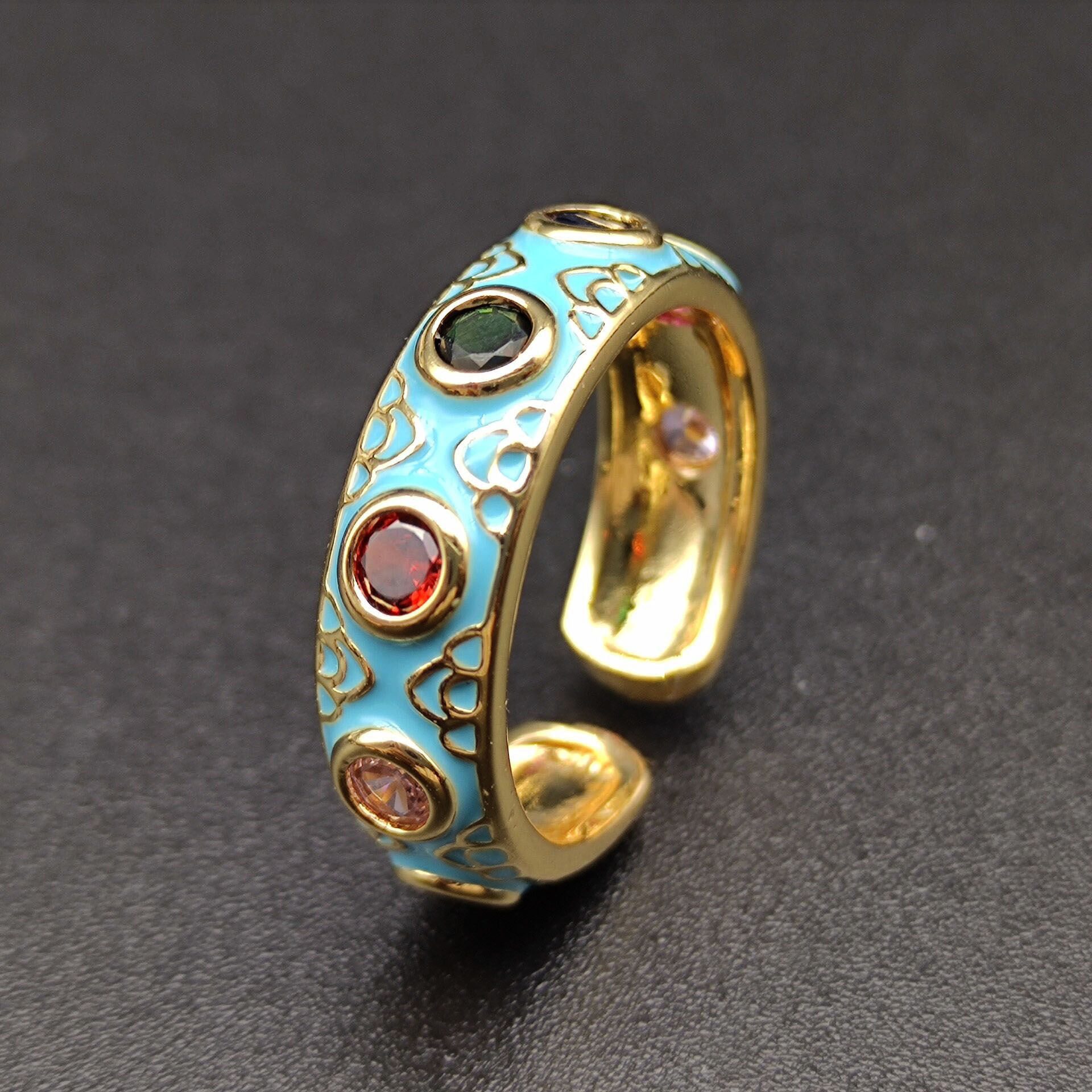 Fashion Round Copper Gold Plated Enamel Artificial Gemstones Rings 1 Piece