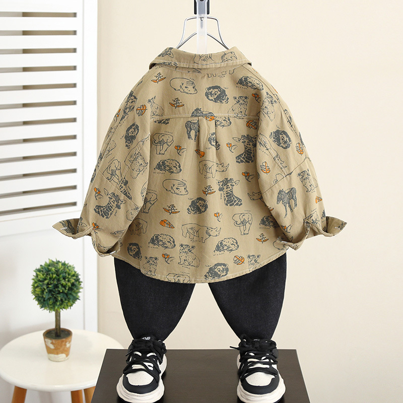 5837 Camisa de dibujos animados para niños Primavera y otoño para niños Camisa coreana de manga larga de estilo occidental 2025 nueva chaqueta para niños