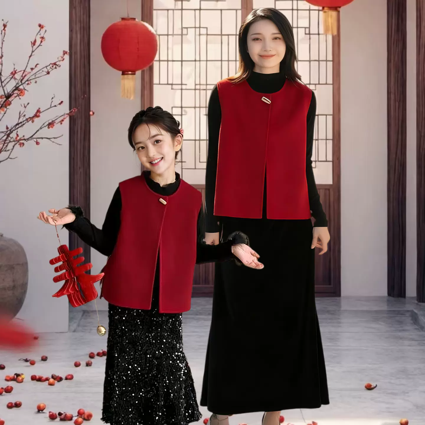 亲子装秋冬时尚圆领简约短款马夹羊毛双面呢大衣无袖毛呢母女外套