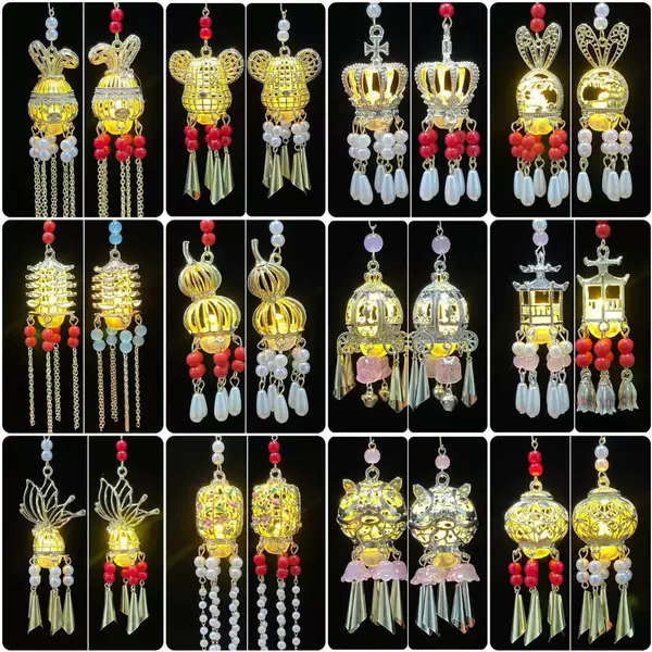 Luminous Palace Lantern Fan Pendant Creative Refrigerator Sticker Lantern Accessories Antique Pressure Placket Pendant Keychain Hanging Pendant