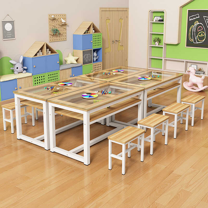 アート絵画テーブル幼稚園小学校二層角丸強化ガラステーブル手作り書道スタジオ塾テーブルと椅子|undefined