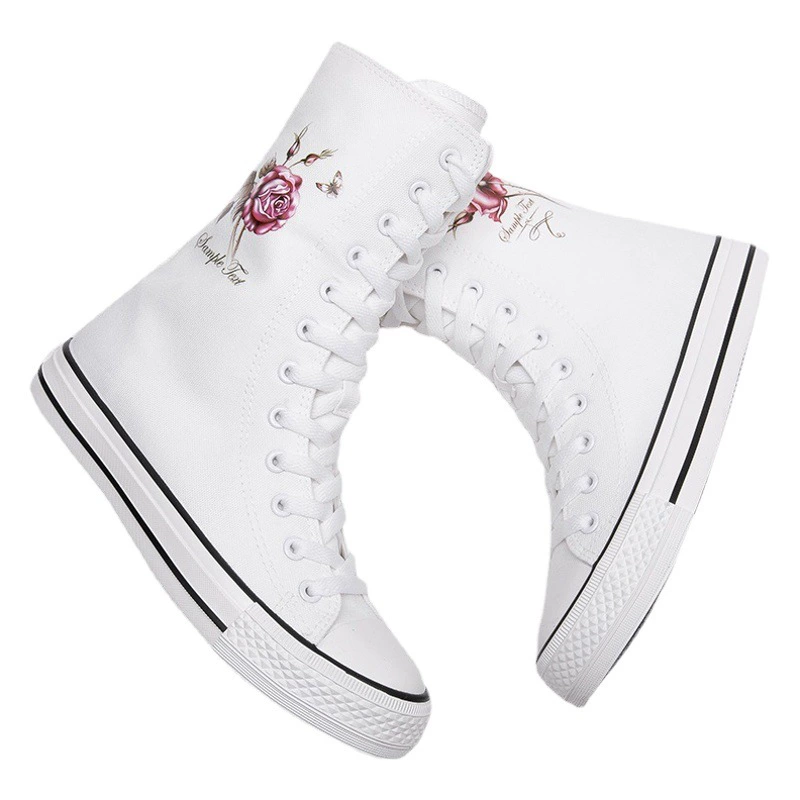 Женская обувь до середины икры спереди, повседневная обувь на шнуровке сбоку с рисунком роз парусиновая обувь Студенческая обувь для досок 6161 до середины икры 010