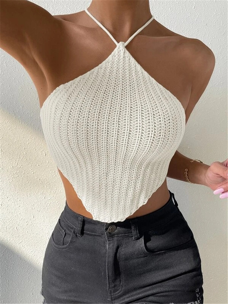 105g Weight Polyester Fabric Type Short Top Length Crop Top Tops Type Holiday, Bar Occasion Halter Neck Neckline Slim Fit Type Solid Color Pattern Summer Season Women's Gender Sexy, Streetwear Style Wholesale Women's Sexy Streetwear Solid Color Tank Tops 无