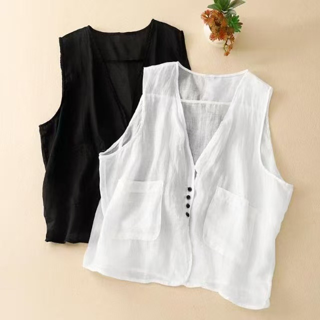 Cotton and linen vest vest women's summer light and thin outside loose V-neck single-breasted sleeveless waistcoat linen vest...